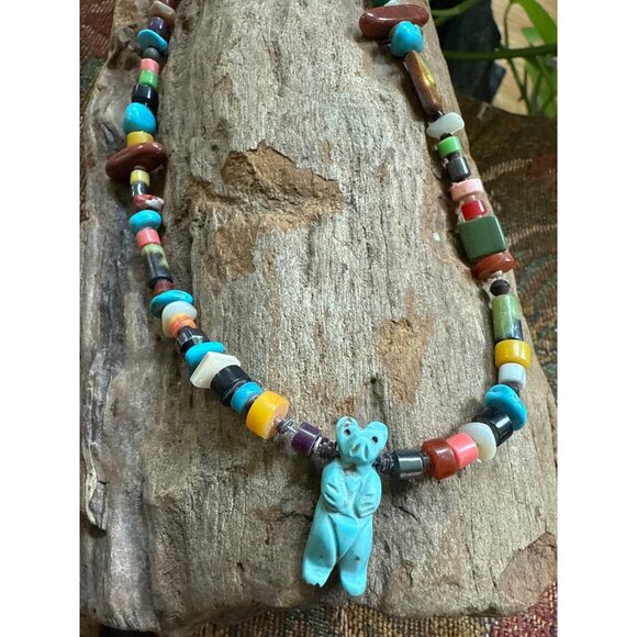 Faux Turquoise  Bear Fetish Necklace 26" Multi-Colored Beads On String - Picture 1 of 6